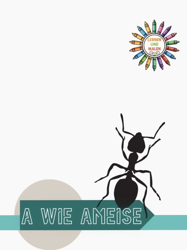 Ameise Ausmalbild mit A wie Ameise-Schriftzug – kostenlose Malvorlage zum Download