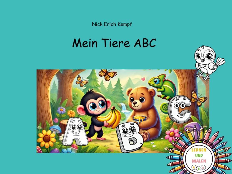 Buntes ABC-Malbuch-Cover mit Affe, Bär & Chamäleon. Spielerisches Lernen für Vorschule & Kindergarten.