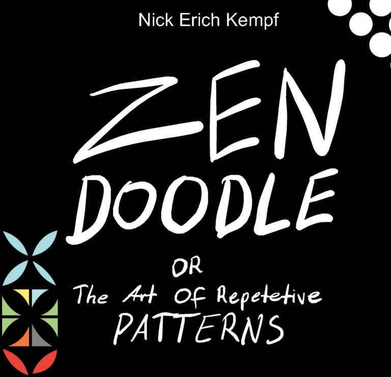 Buchcover „Zen Doodle – The Art of Repetitive Patterns“ in schwarzem Design mit verspielter Typografie. Entspannendes Malbuch für Erwachsene